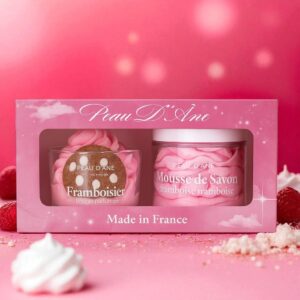 coffret peau d'ane duo rose frambois savon mousse bougie