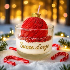 bougie gourmande de noel peau d'ane féérique boule de noel rouge sucre d'orge